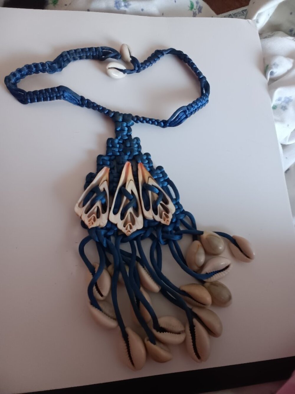 Vintage Shell Necklace on Blue Macrame